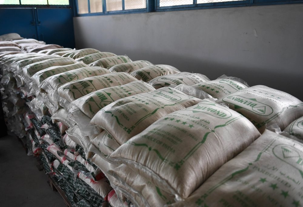 Stacked sacks of Indian rice ready for dispatch