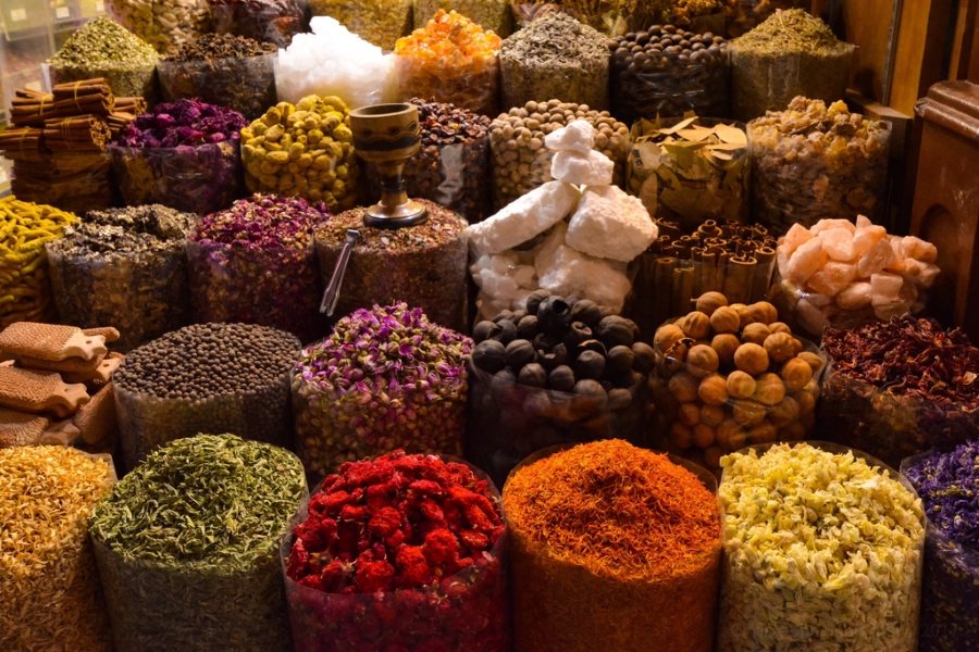 Open sacks of Indian grains, pulses and spice powders
