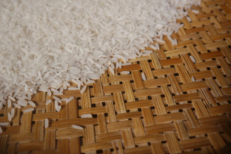 Long grain Indian rice on a woven mat